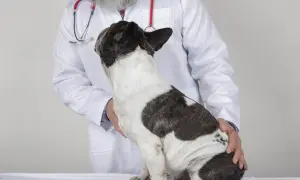 Weterynarz bada francuskiego buldoga, podejrzewając przepuklinę u psa.