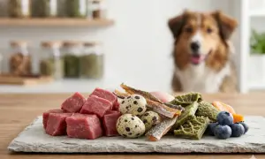 Kawałki wołowiny, jajka przepiórcze, suszone ryby, zielone żwacze i jagody – idealne składniki, by dowiedzieć się, jakie mięso dla psa jest najlepsze.