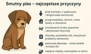 Smutny pies wyje z powodu samotności, zmian w otoczeniu, braku ruchu, chorób, depresji lub napięć z innymi zwierzętami.