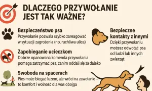 Jak nauczyć psa przywołania? Grafika wyjaśnia, dlaczego przywołanie jest kluczowe dla bezpieczeństwa, zapobiegania ucieczkom i swobody na spacerach.