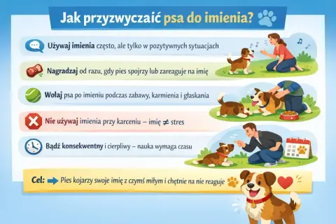 Jak przyzwyczaić psa do imienia? Używaj go w pozytywnych sytuacjach, nagradzaj reakcję, wołaj podczas zabawy. Nie używaj imienia przy karceniu. Bądź cierpliwy, a pies skojarzy imię z czymś miłym.