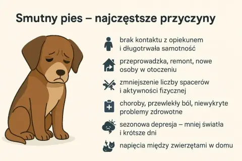 Smutny pies wyje z powodu samotności, zmian w otoczeniu, braku ruchu, chorób, depresji lub napięć z innymi zwierzętami.