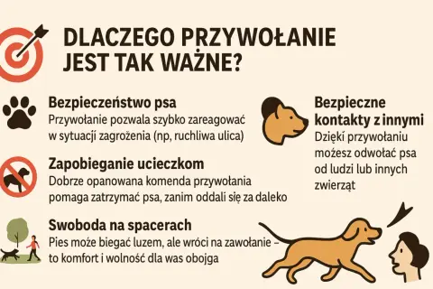 Jak nauczyć psa przywołania? Grafika wyjaśnia, dlaczego przywołanie jest kluczowe dla bezpieczeństwa, zapobiegania ucieczkom i swobody na spacerach.