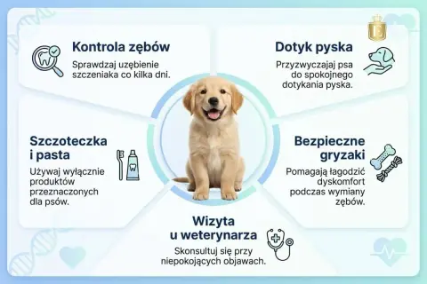 Szczeniak z uśmiechem, gdy psu wypadają zęby stałe. Wskazówki: kontrola zębów, dotyk pyska, szczoteczka i pasta, bezpieczne gryzaki, wizyta u weterynarza.