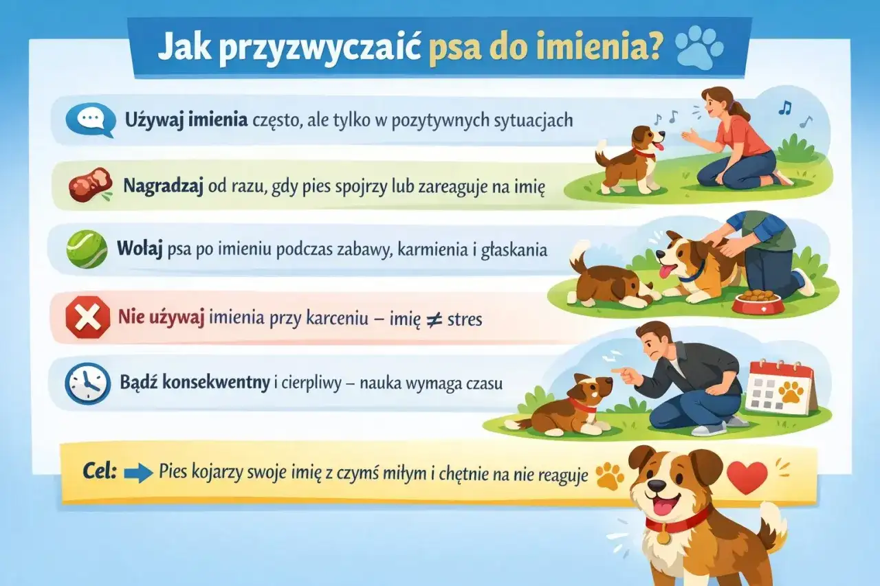 Jak przyzwyczaić psa do imienia? Używaj go w pozytywnych sytuacjach, nagradzaj reakcję, wołaj podczas zabawy. Nie używaj imienia przy karceniu. Bądź cierpliwy, a pies skojarzy imię z czymś miłym.