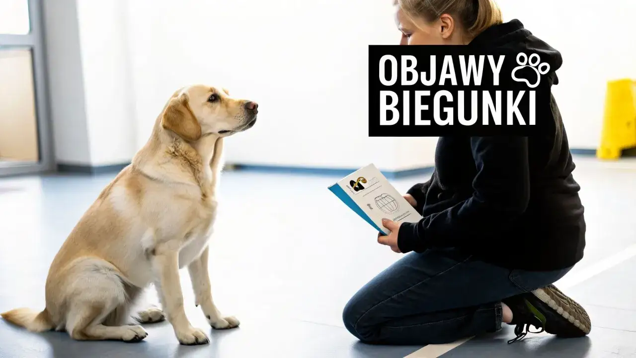 Labrador siedzi, patrząc na kobietę klęczącą z ulotką o objawach biegunki u psa.