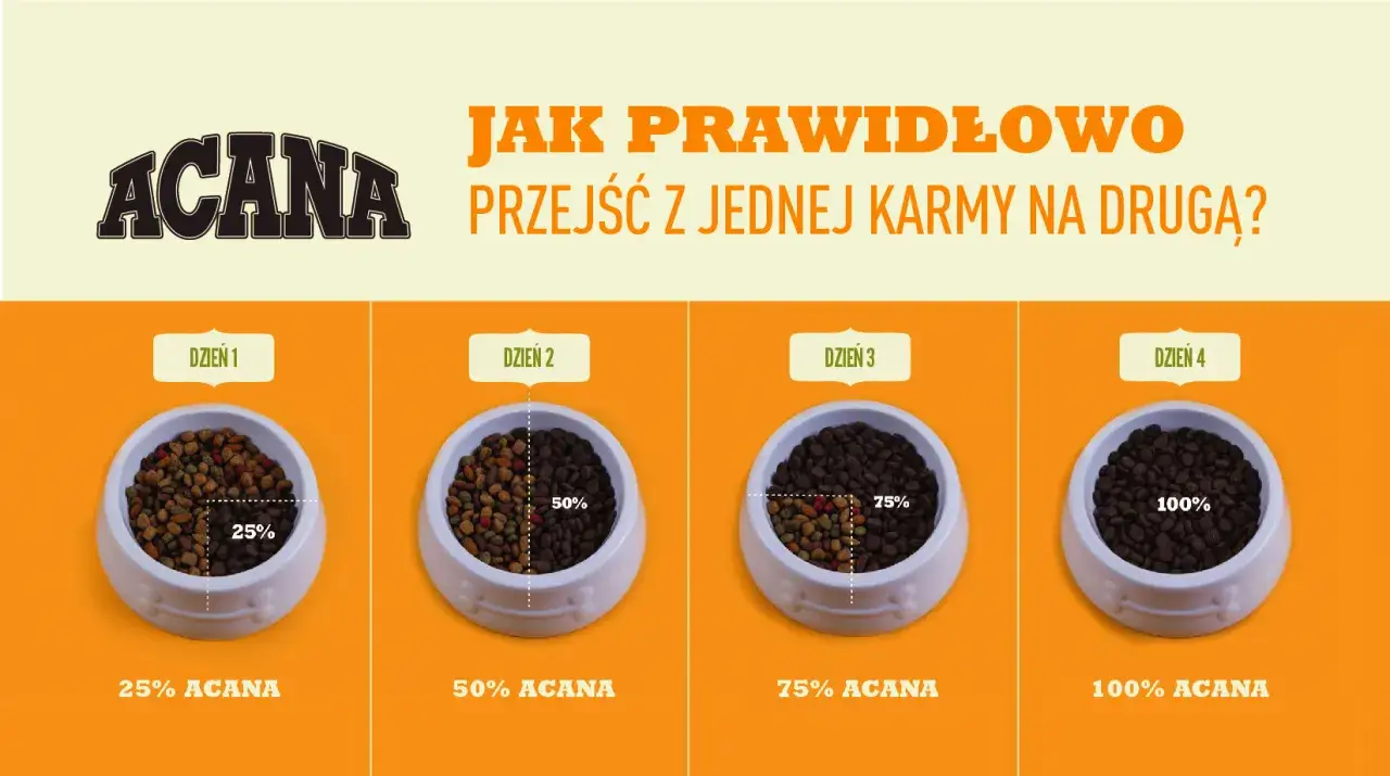 Poradnik jak prawidłowo przejść z jednej karmy na drugą. Schemat stopniowego wprowadzania karmy Acana przez 4 dni.