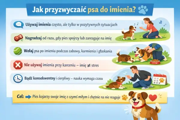 Jak przyzwyczaić psa do imienia? Używaj go w pozytywnych sytuacjach, nagradzaj reakcję, wołaj podczas zabawy. Nie używaj imienia przy karceniu. Bądź cierpliwy, a pies skojarzy imię z czymś miłym.